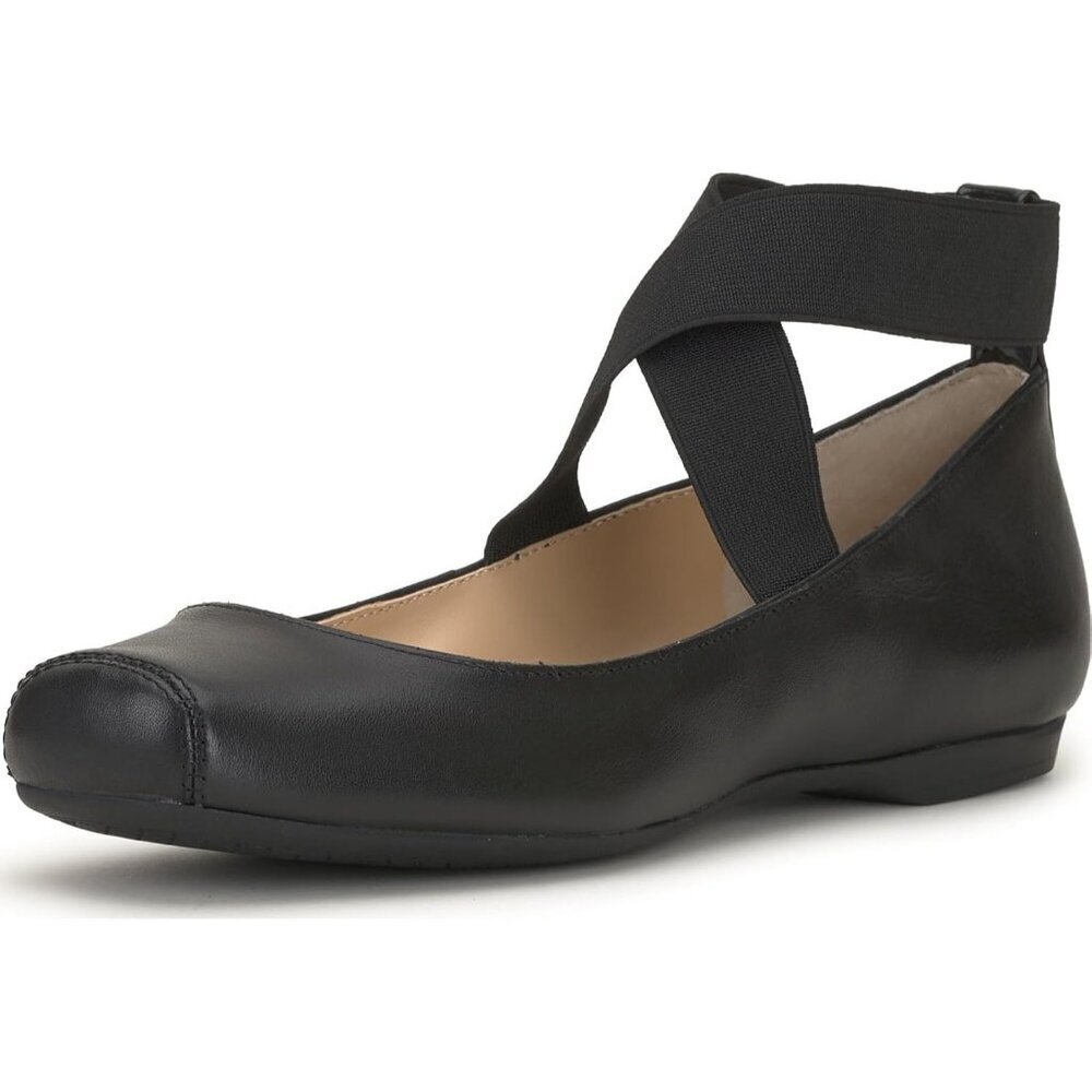 Jessica Simpson Women's Black Leather Ankle Cross Elastic Mandalaye Ballet Flats